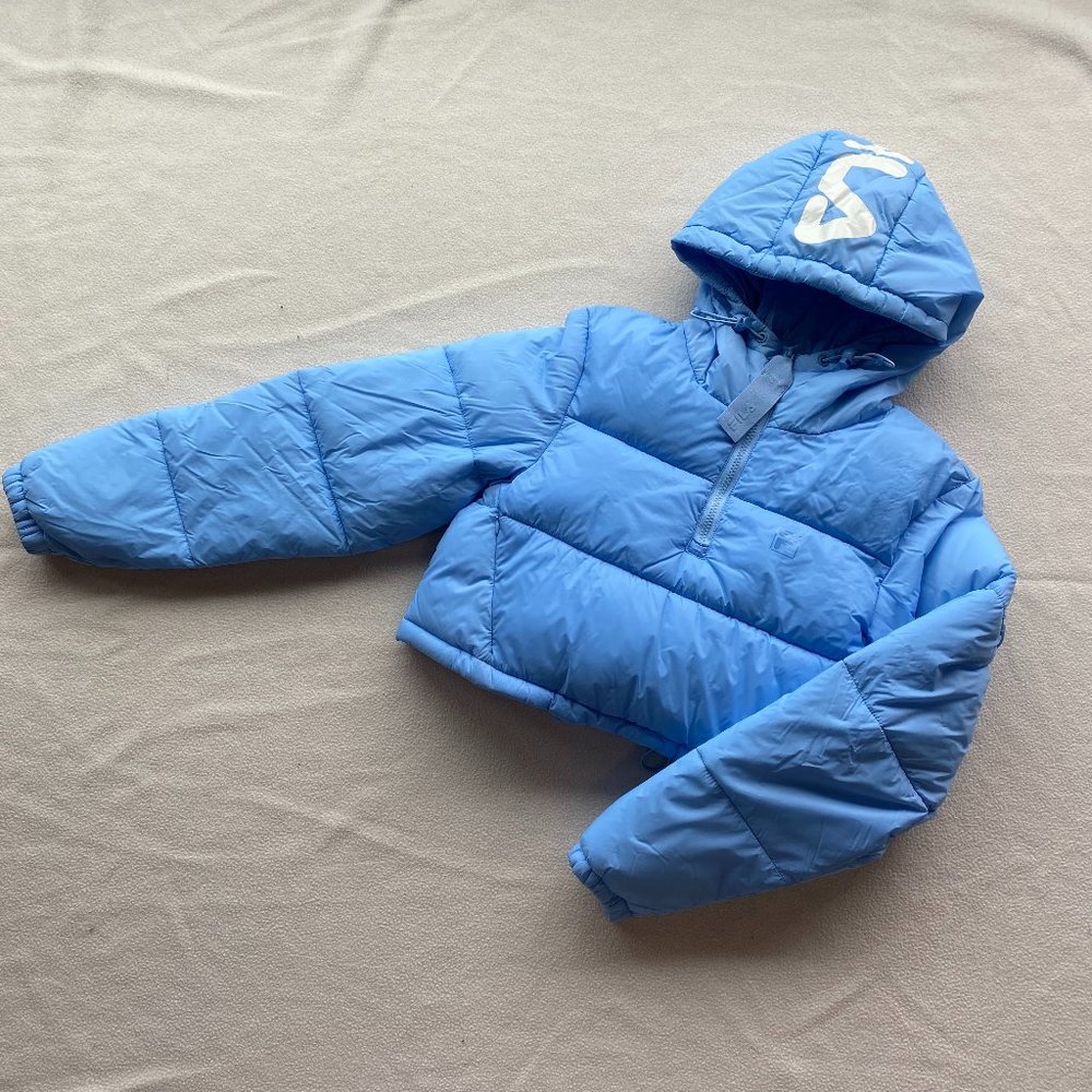 UO Baby Blue FILA cropped Puffer